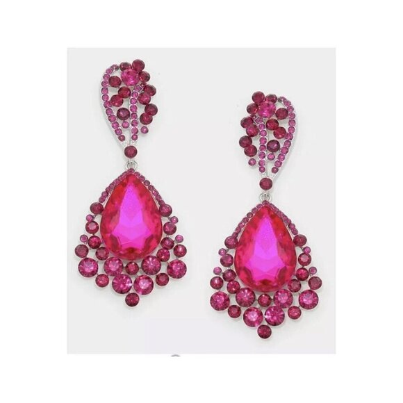 Dark pink earring Fuchsia crystal magenta teardrop earrings pink long earring - Picture 9 of 9
